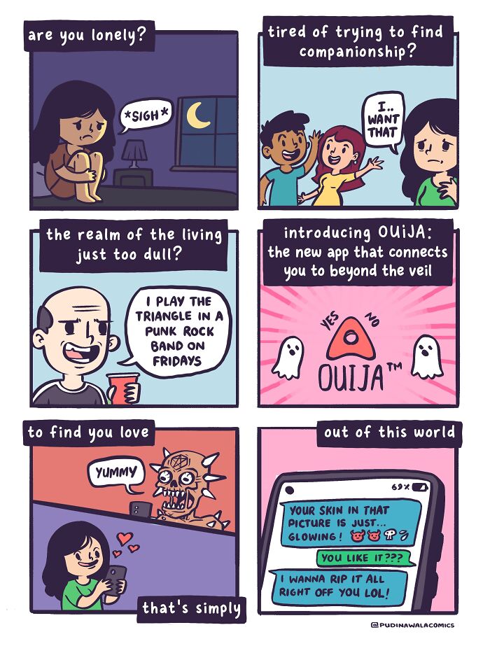 A comic strip about a Ouija app that connects people beyond the veil, with a scary monster at the end.