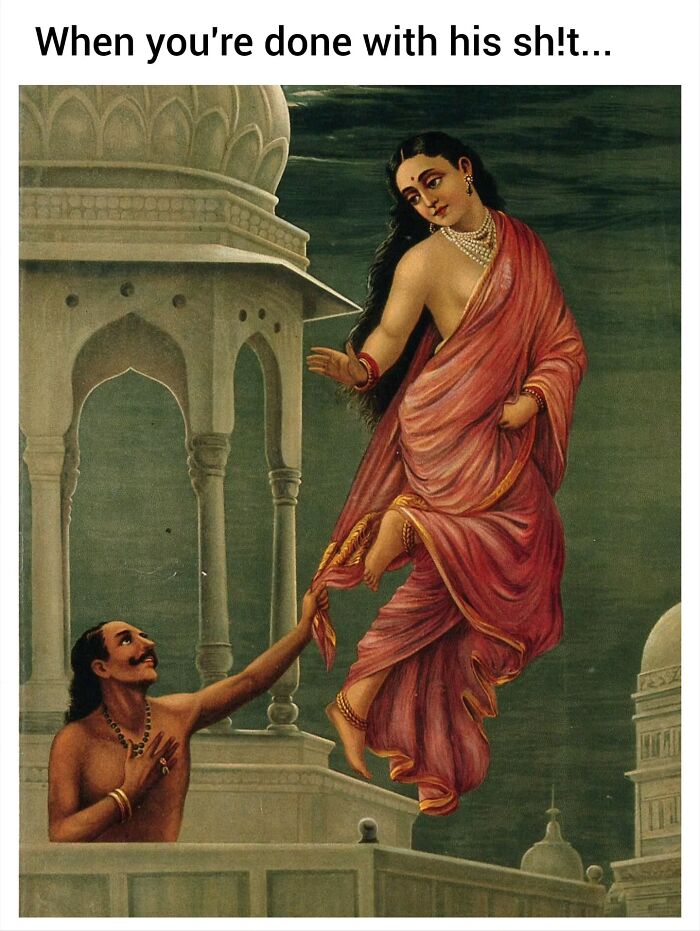 A classic painting of a man reaching for a levitating woman, transformed into a modern-day comedy art meme.