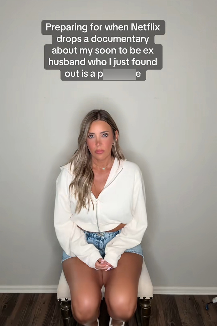 Influencer sitting, creating a Netflix documentary trend video, hinting at her soon to be ex-husband. Influencer sitting, creating a Netflix documentary trend video, hinting at her soon to be ex-husband.