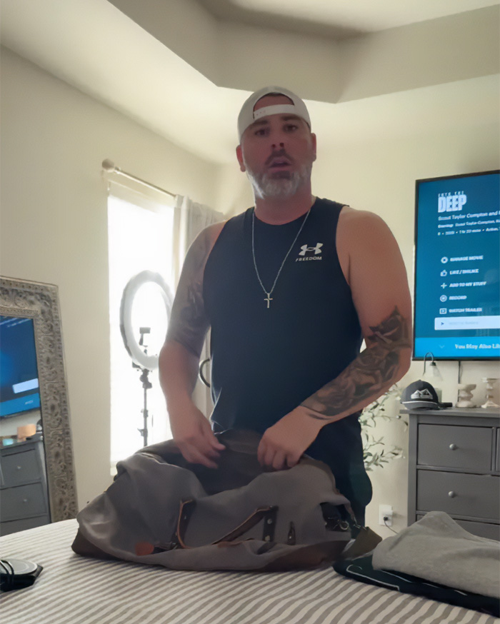 Image of an influencer's husband packing a bag, relevant to the TikTok trend exposure.