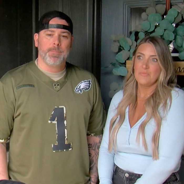 Man in a green Eagles jersey and a woman in a light blue top, related to the influencer's husband and TikTok trend.