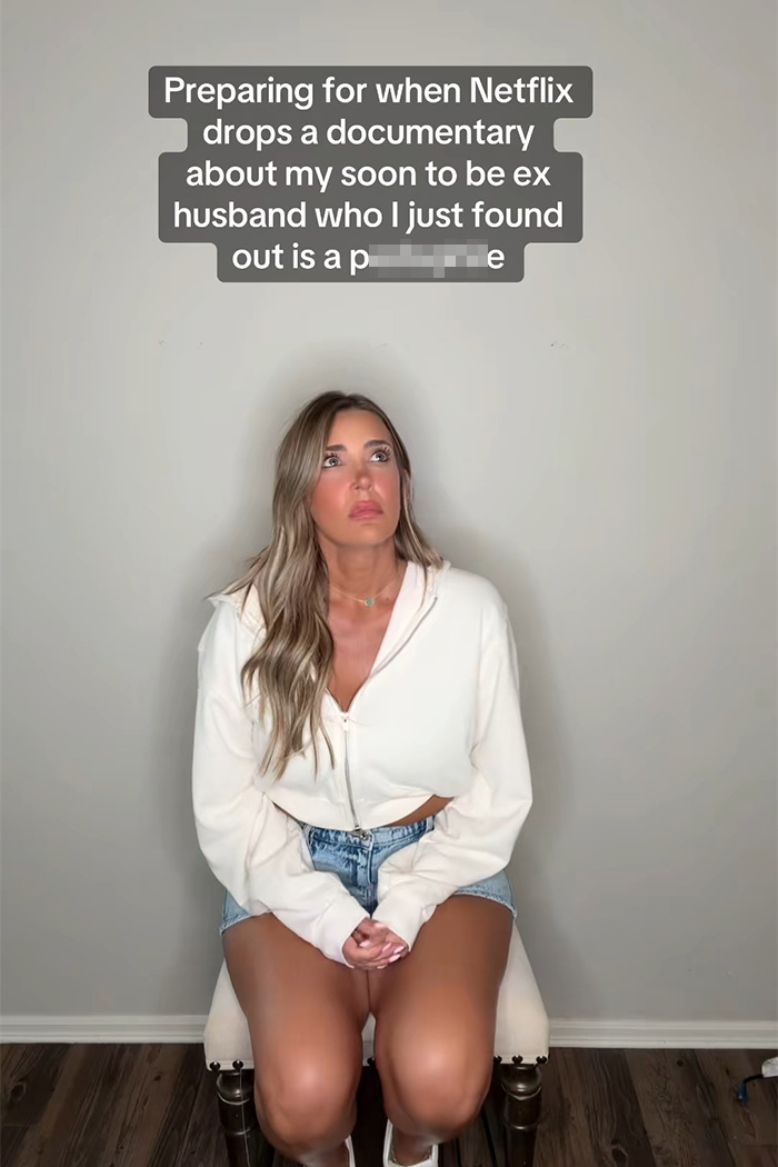 Influencer sitting, looking up, with text about exposing her husband on TikTok, leading to a 911 call.