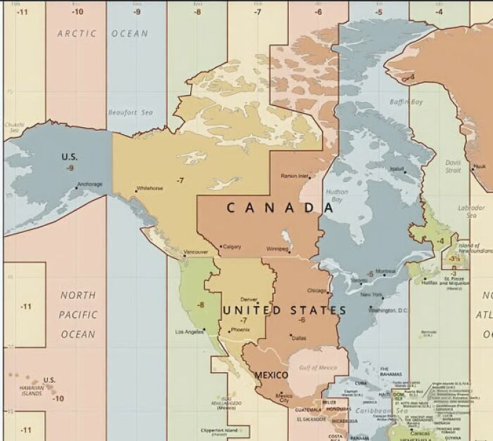 A detailed map illustrating the different time zones across North America, showcasing cool geography.