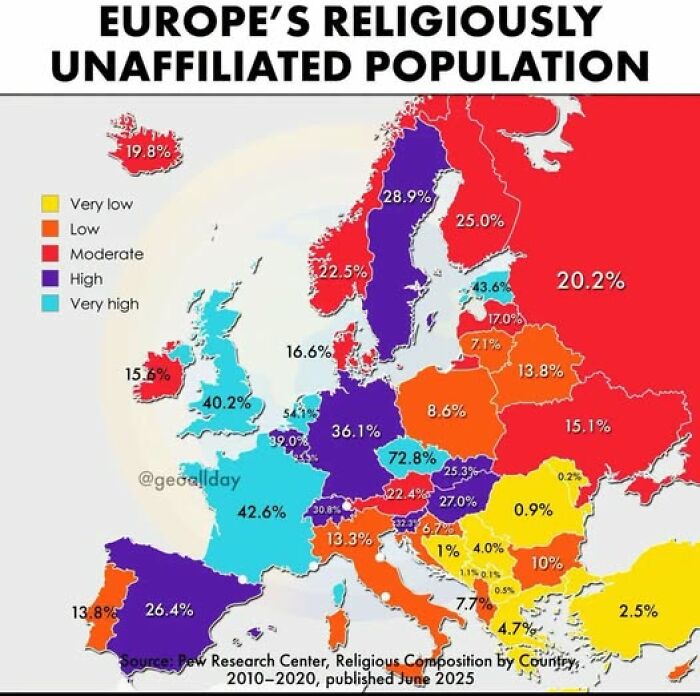 A bizarre map displaying Europe's religiously unaffiliated population by country, a brilliant geography insight.