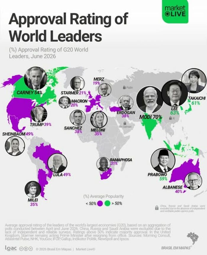 A bizarre map indicating the approval ratings of G20 world leaders, an interesting geography perspective.