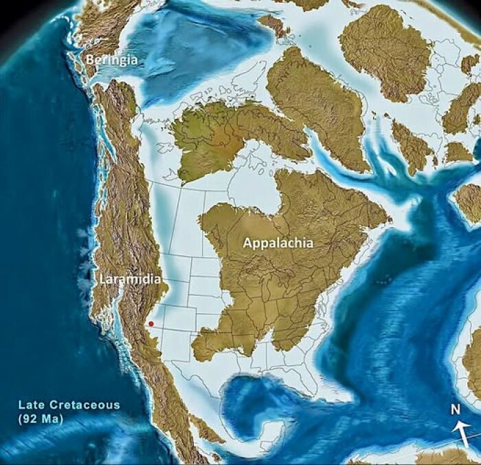 A fascinating geography map of North America during the Late Cretaceous period, showcasing ancient landmasses like Appalachia.