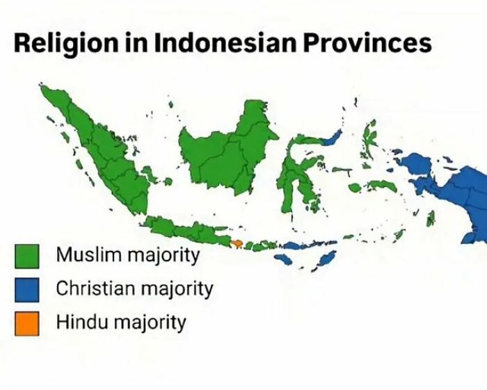A brilliant map depicting religion in Indonesian provinces, highlighting Muslim, Christian, and Hindu majorities. Cool geography.