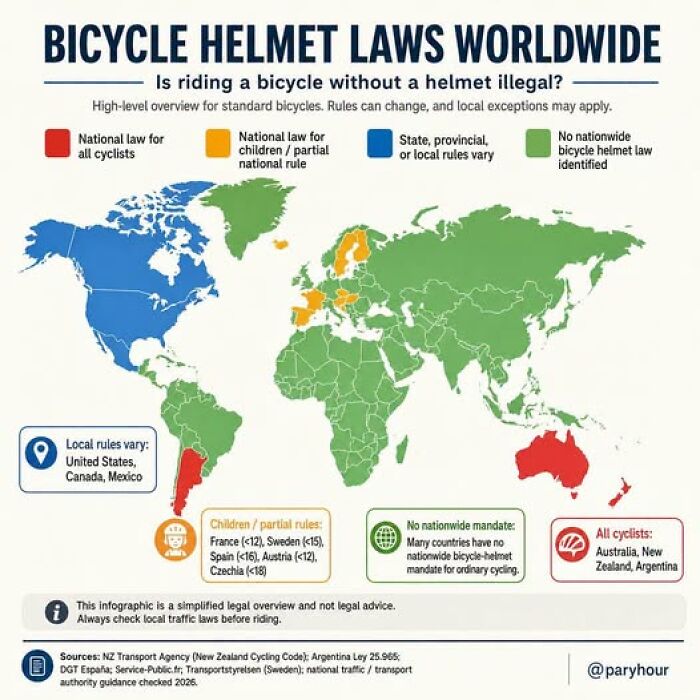 A bizarre map of bicycle helmet laws worldwide, showing different rules across the globe. Cool geography.