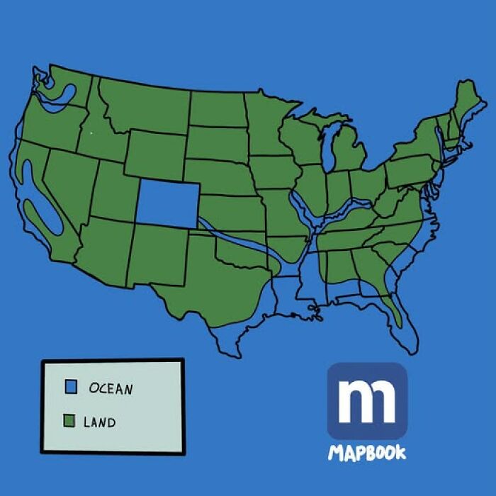A bizarre map of the US, showing which states would be underwater if filled with ocean. Cool geography.