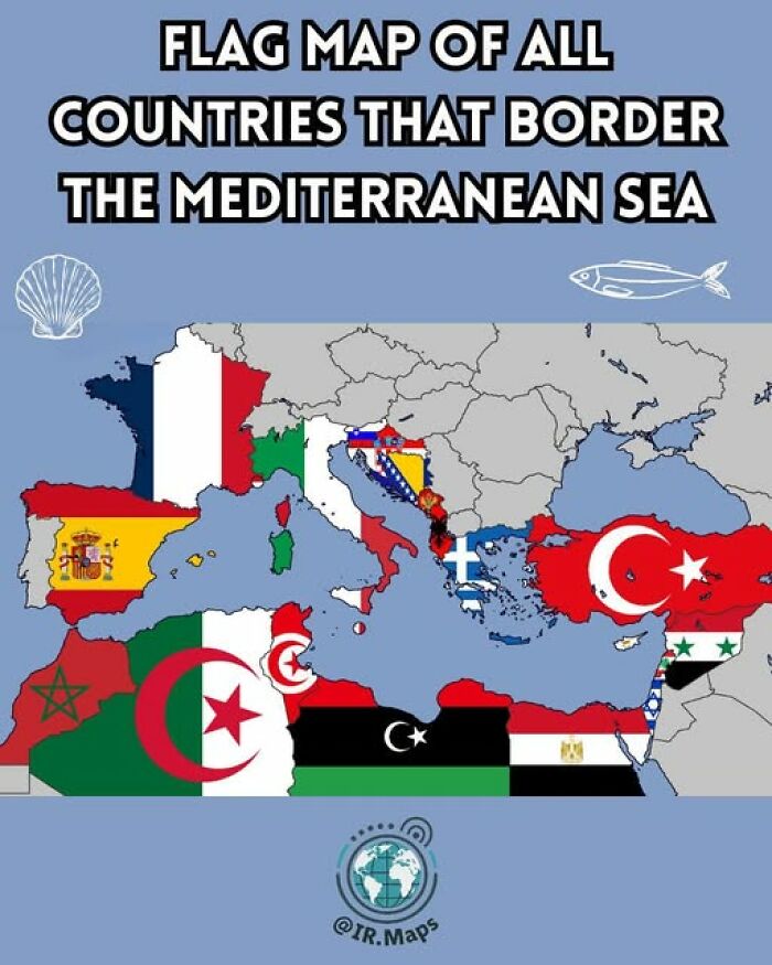 A flag map of countries bordering the Mediterranean Sea. A brilliant map for geography enthusiasts.