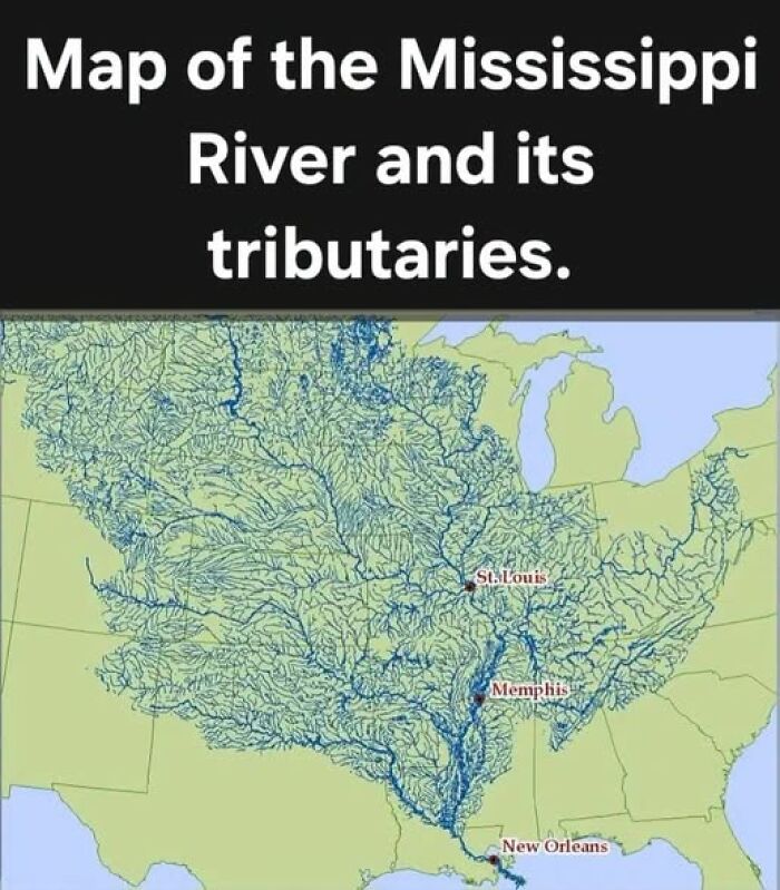 A detailed map illustrating the Mississippi River and its tributaries, showcasing the geography of the river system.