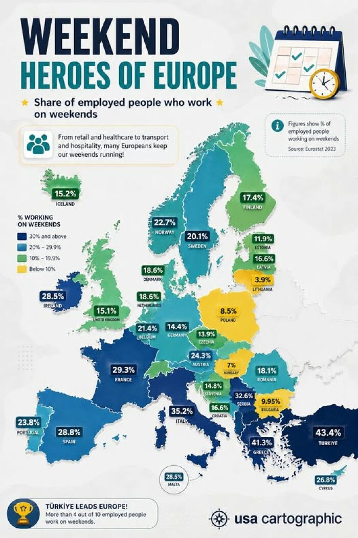 A brilliant map displaying the share of employed people working on weekends across Europe, cool geography.