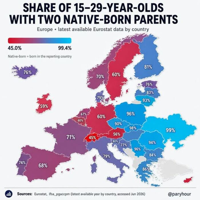 A brilliant map showing the share of 15-29 year olds with two native-born parents in Europe, cool geography.