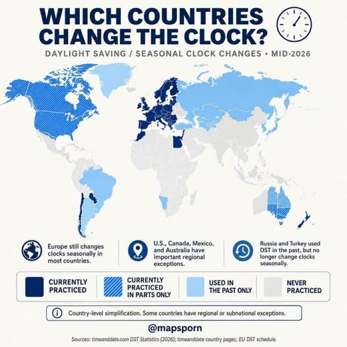 A brilliant map illustrating which countries change the clock for daylight saving, a cool geography fact.