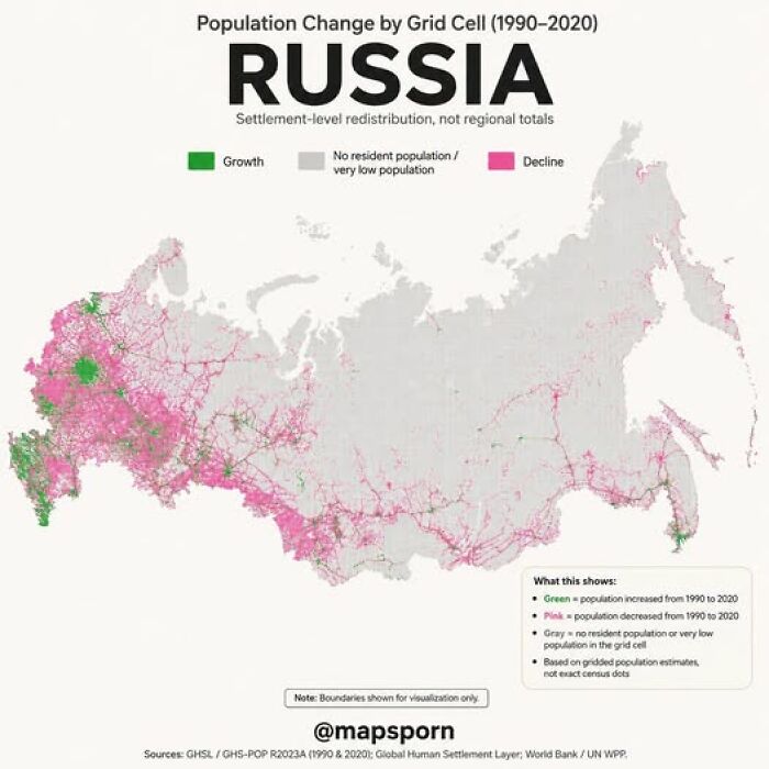 A population change map of Russia (1990-2020), illustrating population growth and decline in different geographical regions.
