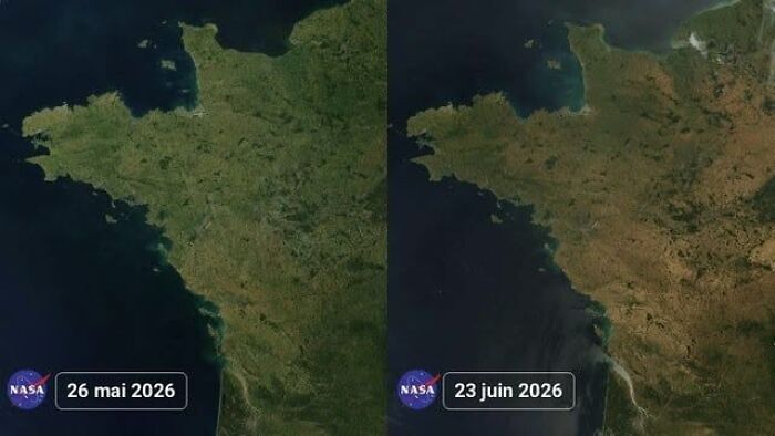 A satellite map of France showing geographical changes between May 26, 2026, and June 23, 2026, highlighting the geography.