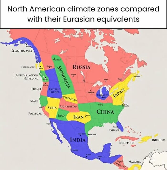 A brilliant map of North American climate zones compared to Eurasian equivalents, proving geography is cool.
