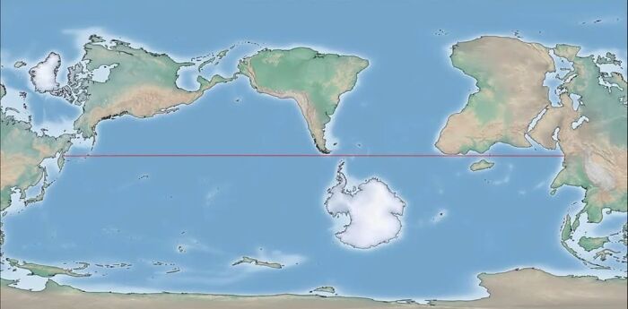 A brilliant map of the world with a red line across the Pacific Ocean, proving geography is cool.
