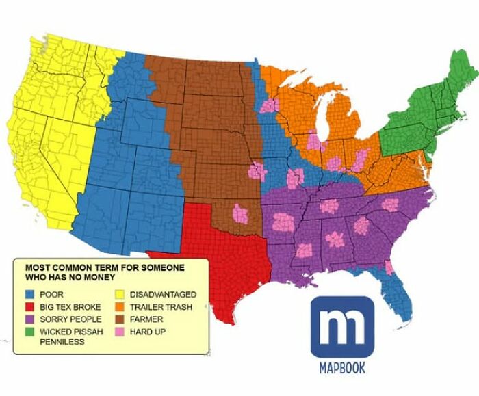A bizarre map of the US showing regional terms for poverty by county, highlighting cool geography.