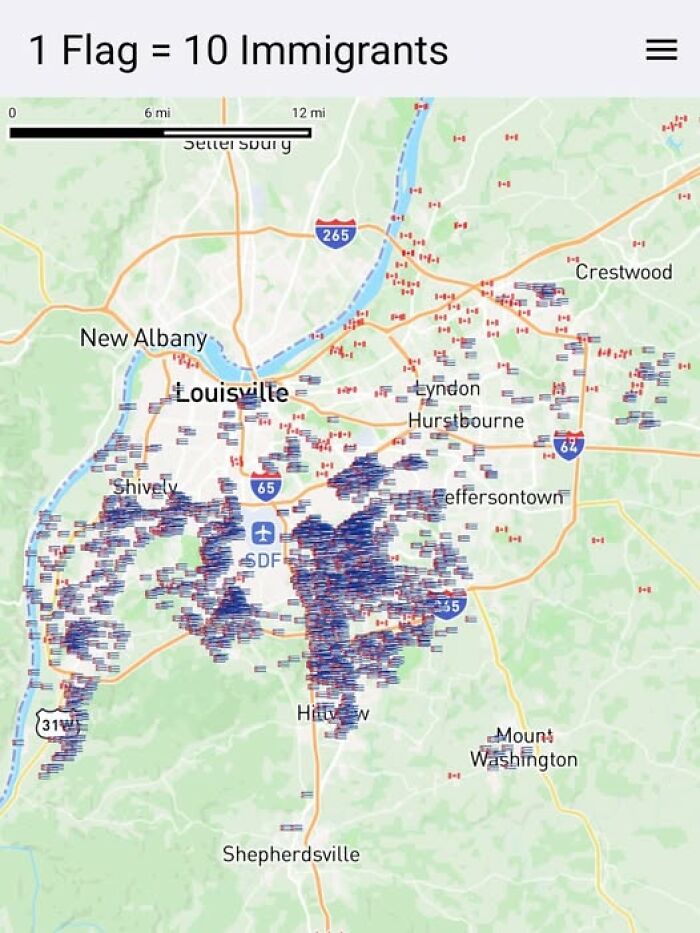 A brilliant map showing immigrant distribution in Louisville with flags, proving geography is cool.