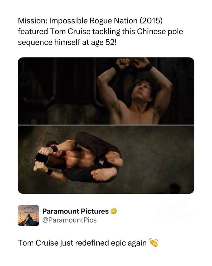 Tom Cruise, at 52, performing a Chinese pole sequence in Mission: Impossible Rogue Nation, a cool and interesting post about TV, movies, and media.
