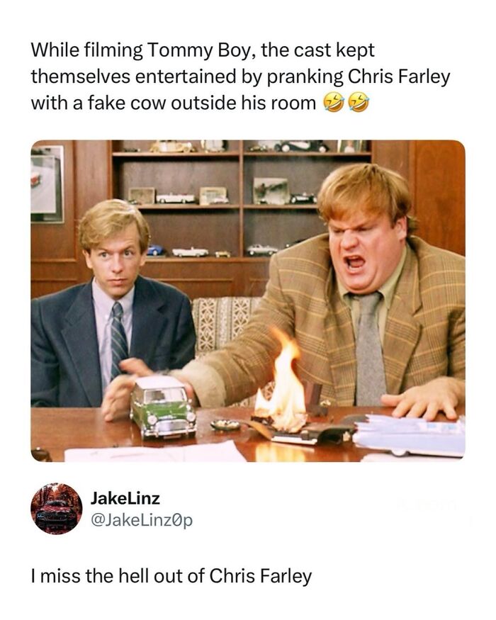 Chris Farley reacting to a prank with a fake cow while filming Tommy Boy, an interesting post about TV, movies, and media.