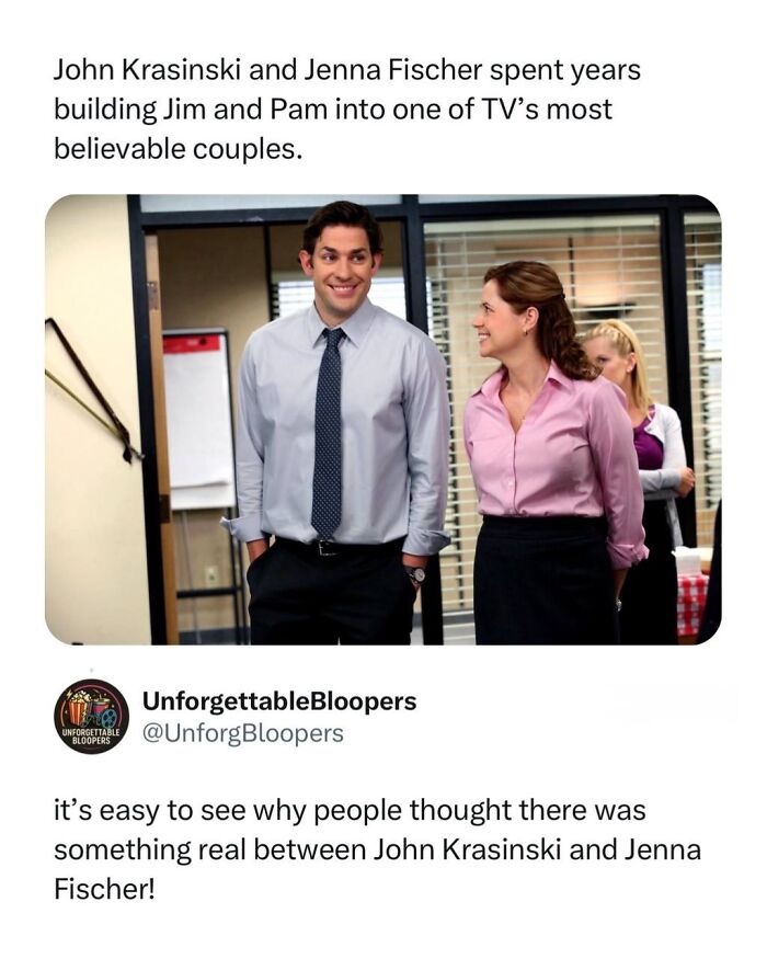 John Krasinski and Jenna Fischer standing together in an office, embodying a beloved TV, movies, and media couple.