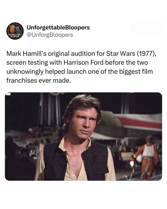 Young Harrison Ford in character, looking at the camera during a Star Wars screen test, an iconic moment in TV, movies, and media.