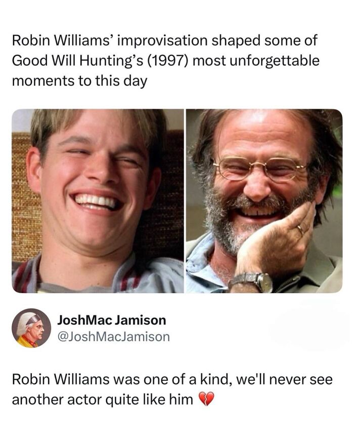 A split image shows young Matt Damon laughing alongside a bearded Robin Williams, both from iconic TV, movies, and media moments.