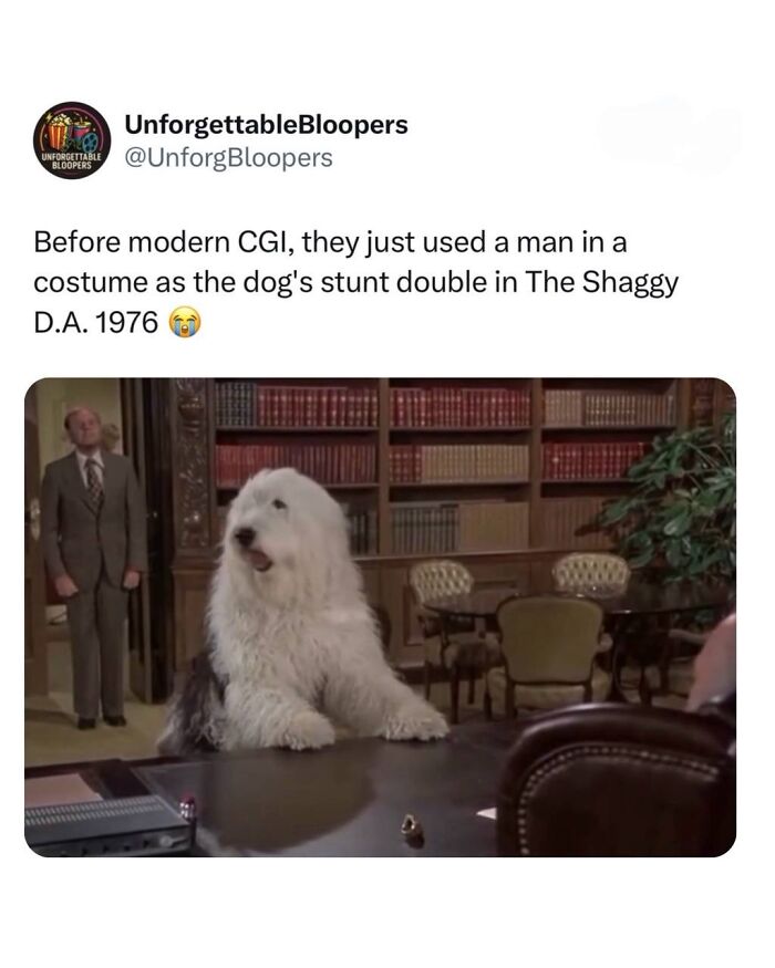 Man in a dog costume on a desk, a stunt double from a movie, showing interesting posts about media.