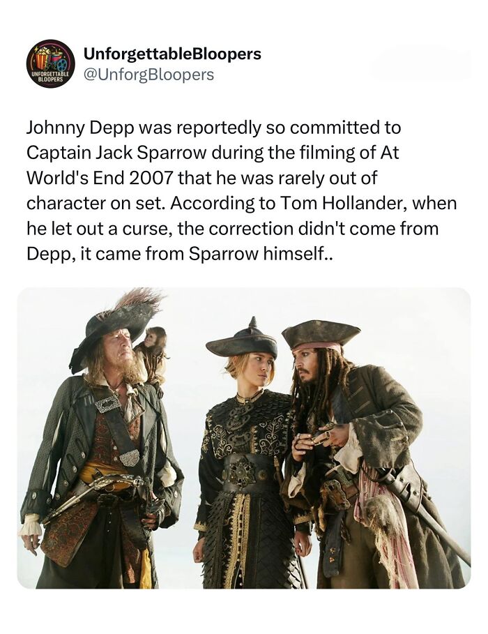Johnny Depp as Captain Jack Sparrow, with other characters, from a movie, an interesting post about media.