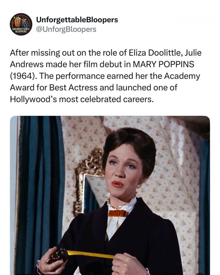Movie post highlighting Julie Andrews' iconic debut in Mary Poppins, a film and media event.