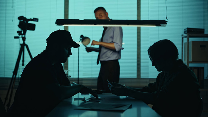 A dimly lit room with two men at a table and a third man standing in the background, suggesting an interrogation or investigation, possibly related to why a model was fighting for her life. A dimly lit room with two men at a table and a third man standing in the background, suggesting an interrogation or investigation, possibly related to why a model was fighting for her life.