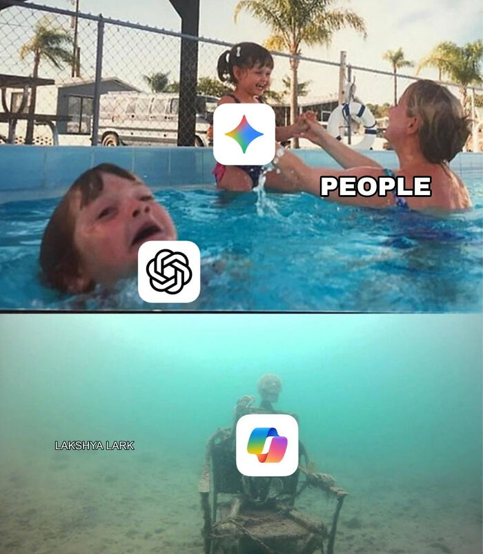 Funny AI meme: A child drowning with ChatGPT logo, while another child with Bard logo is supported by 'people' in a pool.