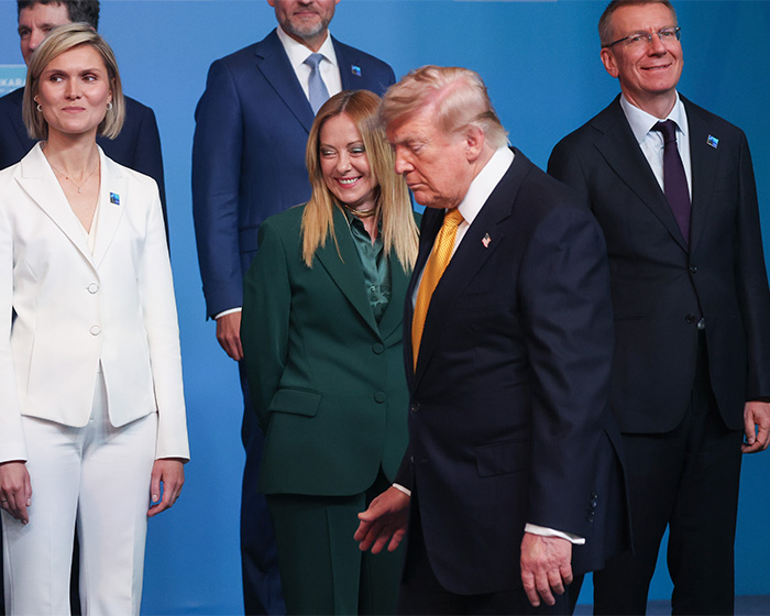 Italian PM Giorgia Meloni with Donald Trump at the NATO summit after his family photo snub. Italian PM Giorgia Meloni with Donald Trump at the NATO summit after his family photo snub.