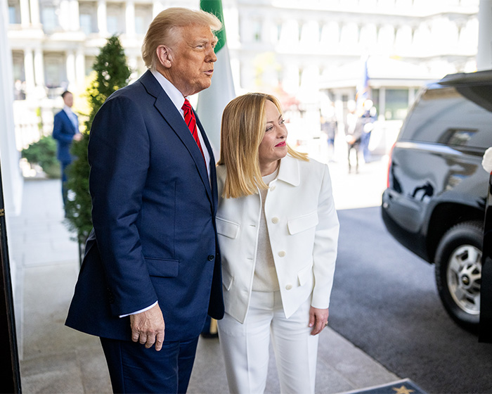 Italian PM Giorgia Meloni with Donald Trump after the NATO family photo snub. Italian PM Giorgia Meloni with Donald Trump after the NATO family photo snub.