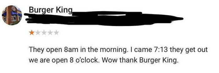 Elderly people online review of Burger King's opening hours, showing humorous lack of internet understanding.