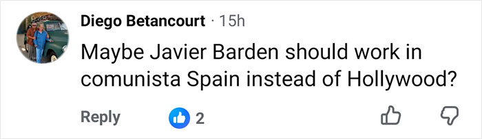 A comment section response from Diego Betancourt regarding Javier Bardem and the Spanish National Team. A comment section response from Diego Betancourt regarding Javier Bardem and the Spanish National Team.