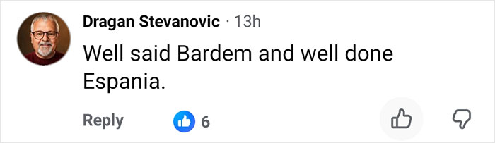 A social media comment praising Javier Bardem and the Spanish National Team for their World Cup celebration response. A social media comment praising Javier Bardem and the Spanish National Team for their World Cup celebration response.