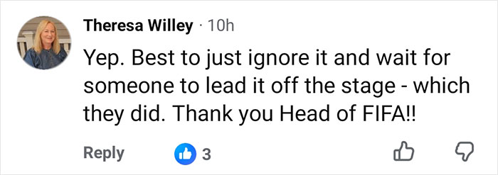 A social media comment thanking the Head of FIFA for handling the Trump incident during the Spanish National Team's World Cup celebration. A social media comment thanking the Head of FIFA for handling the Trump incident during the Spanish National Team's World Cup celebration.
