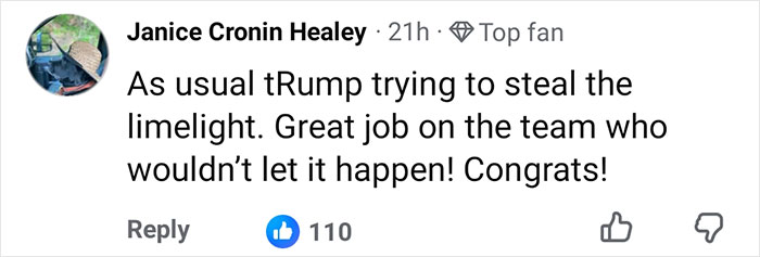 A comment by Janice Cronin Healey, a top fan, praising the Spanish National Team for not letting Trump steal the limelight during their World Cup Celebration. A comment by Janice Cronin Healey, a top fan, praising the Spanish National Team for not letting Trump steal the limelight during their World Cup Celebration.