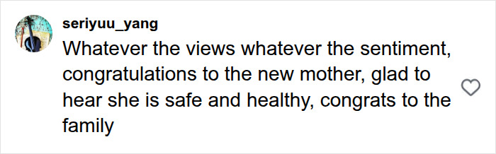An American points out the irony, congratulating the new mother on the birth of her fourth child. An American points out the irony, congratulating the new mother on the birth of her fourth child.