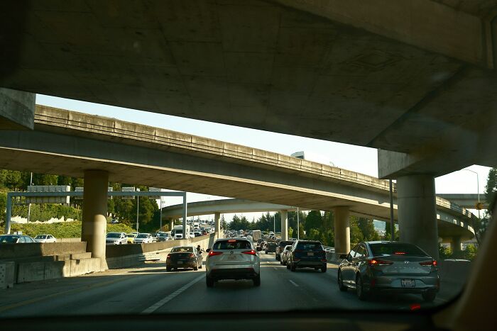 Heavy traffic on a multi-lane highway, a disturbing public sight that was scary.