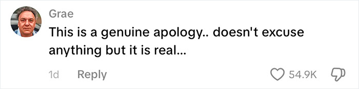 A comment on social media from Grae saying, This is a genuine apology.. doesn't excuse anything but it is real..., about an 18-year-old attacker's life prison sentence.