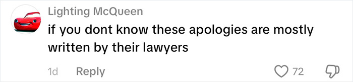 A social media comment notes that apologies for an 18-year-old attacker are usually written by lawyers before prison sentence.