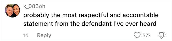 A social media comment describes a statement from an 18-year-old attacker as respectful and accountable before prison sentence.