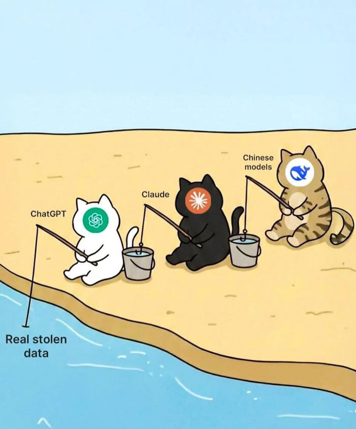 Relatable AI meme of three cats representing ChatGPT, Claude, and Chinese models fishing for data.