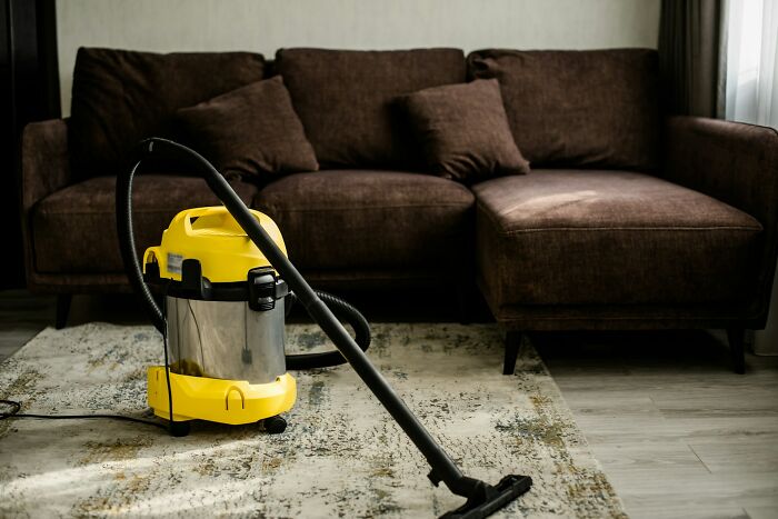 A vacuum cleaner in a living room, suggesting the daily tasks that might lead to unexpected babysitting stories.