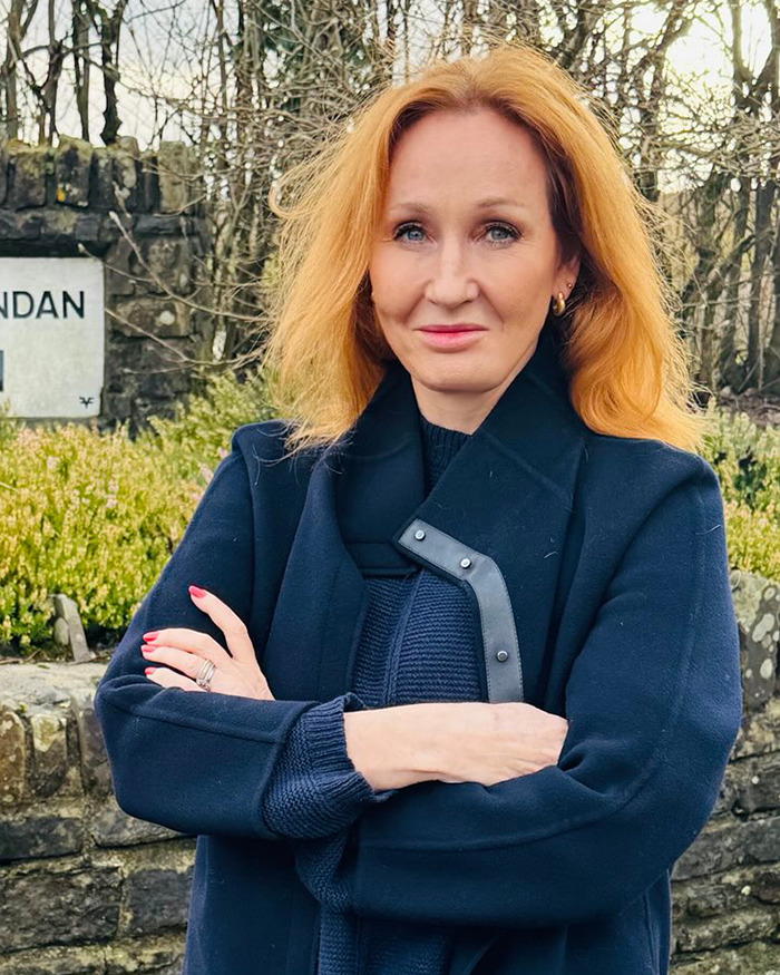 J.K. Rowling stands with arms crossed, as fans discuss her questions regarding Keira Knightley and Donald Sutherland.
