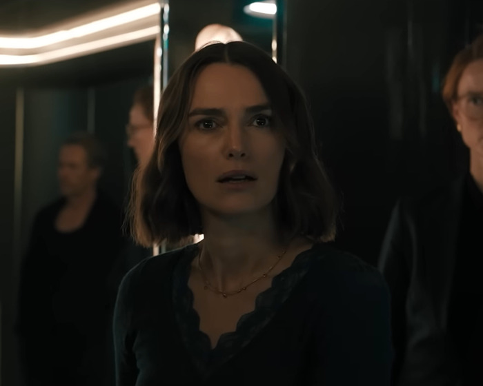 Keira Knightley looks surprised in a close-up shot, reflecting fans reaction to J.K. Rowling and Donald Sutherland.